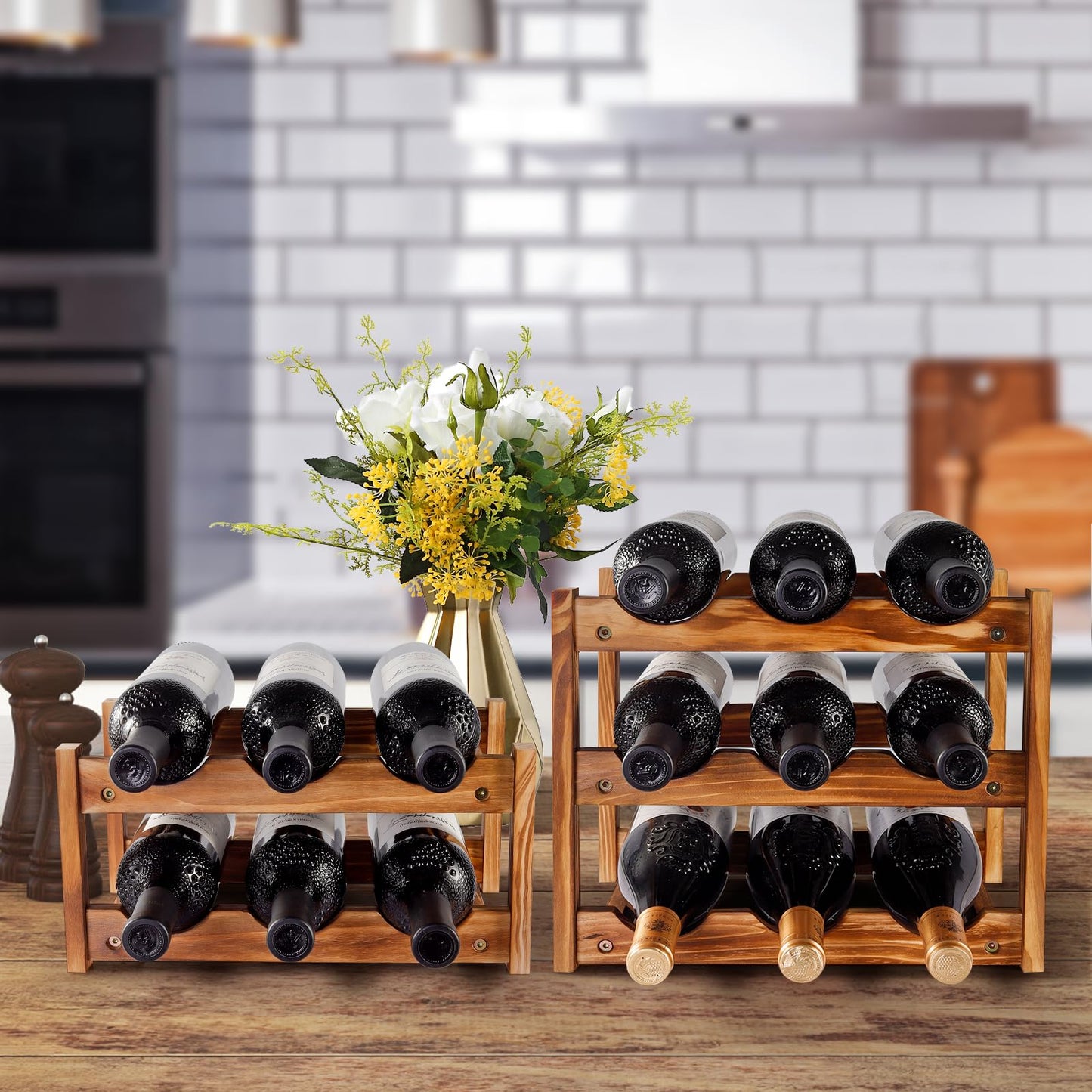 Niep Wine Rack 6 Bottle 2-Tier Wood Wine Storage Easy-Assembly Space-Saving for Wine Lovers,Kitchen Wine Organizer for Countertop,Table Top,Pantry, Home,Room Decor,Bar,Cellar Basement (2-Tiers)
