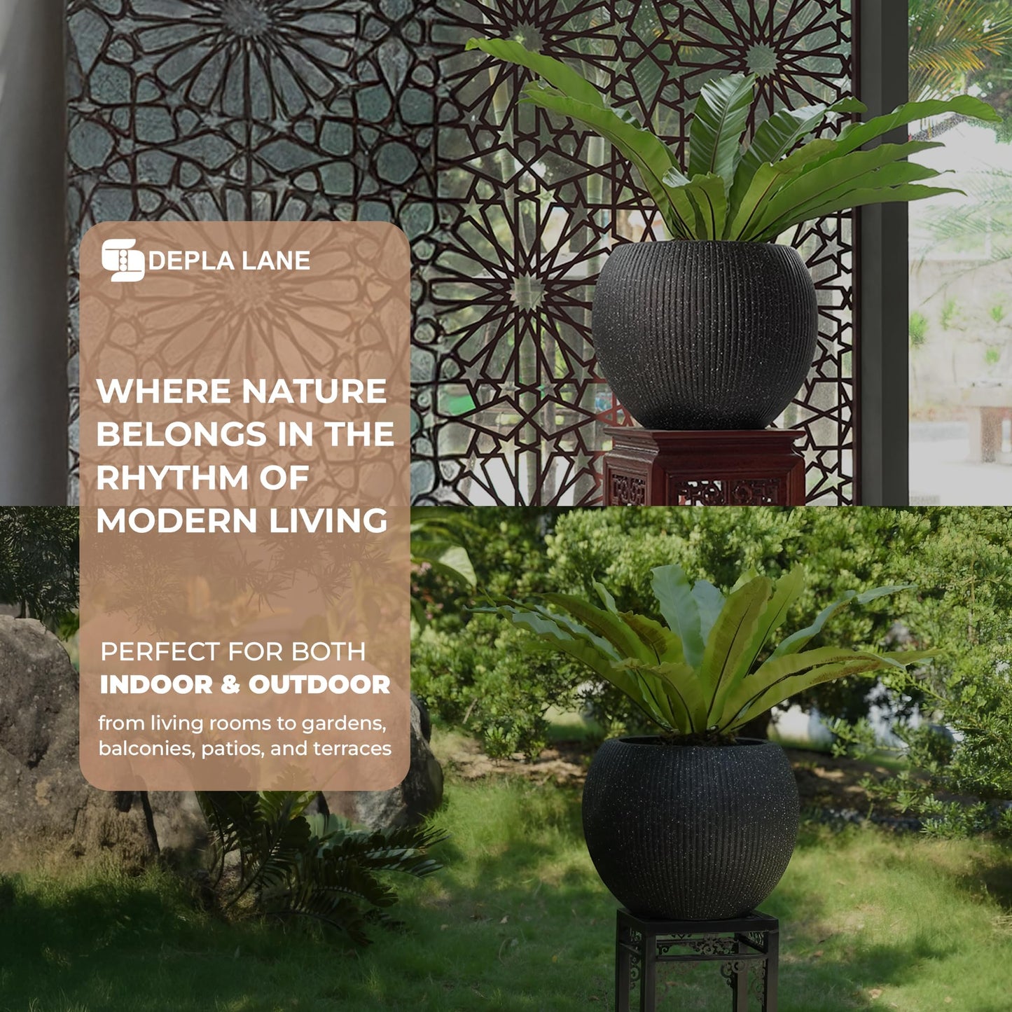 DEPLA LANE Marlo Fiberstone Round Planter (8.5" Pot Opening x 12..6"D x 9.8"H) Ribbed Finishes, Lightweight, Durable, UV Resistant, Modern Minimalist Home Decor, Indoor Outdoor Pot (S, Ribbed Black)