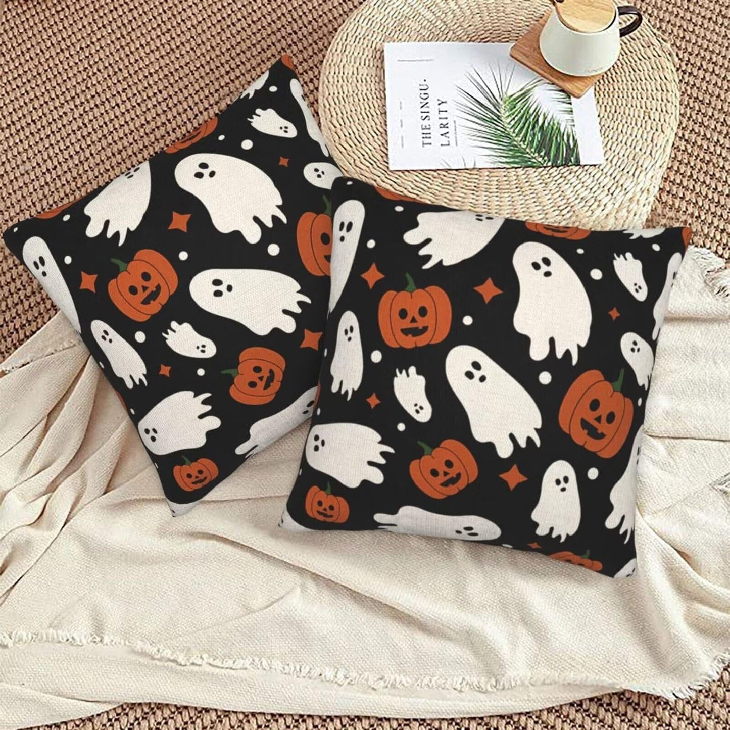 Sunshineyan Halloween Pillow Covers 18x18 Set of 2, Halloween Ghost Pumpkins Decorative Throw Pillow Covers Holiday Farmhouse Outdoor Pillowcase for Couch Sofa Home Decor