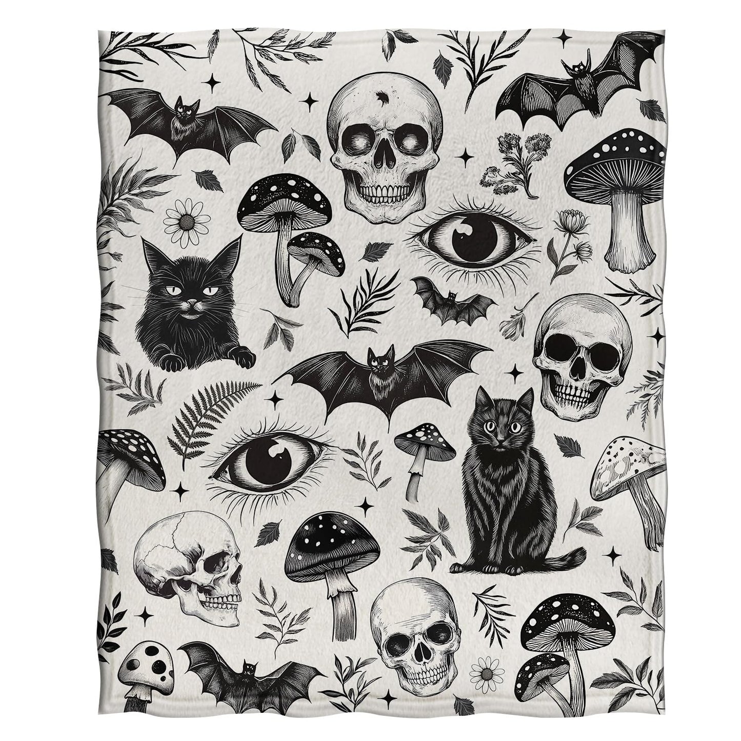 Jekeno Gothic Skull Blanket Cat Bat Mushroom Gifts for Women Men Kids Girls Boys Mom Wife Husband Dad Halloween Birthday Christmas Skeleton Horror Dark Presents Home Bedroom Room Decor Throw 50"x60"