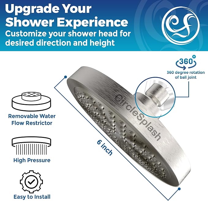 High Pressure Shower Head - Anti-Clogging Silicone Nozzles 2.5 GPM Removable Restrictor - Easy to Clean and Install - Includes Plumbers Tape - 6 inch - (Brushed Nickel 2.5GPM)