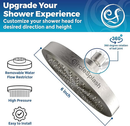High Pressure Shower Head - Anti-Clogging Silicone Nozzles 2.5 GPM Removable Restrictor - Easy to Clean and Install - Includes Plumbers Tape - 6 inch - (Brushed Nickel 2.5GPM)