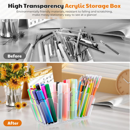 Novacrylion Scalloped Acrylic Pencil Holder with 4 Compartments - Clear Desk Organizer for Pens, Makeup Brushes, Remotes - Modern Office & Vanity Accessory（4-Comp）