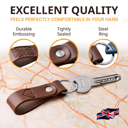 MAGOR Handmade Full Grain Leather Keychain Personalised Keychain for Men Women Car Key Ring Gift for Him Her Dad Mom Premium Brown Leather Keyring Hot Embossed Design (Heart)