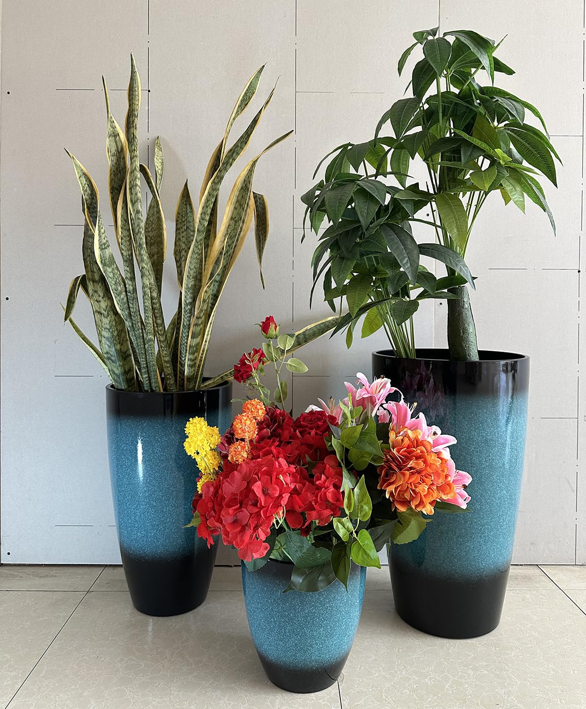 MinCHI257 24/21/11 Inch Tall Planter Pots Garden Plastic Planters - Set of 3 for Indoor & Outdoor Use - Decorative Lightweight Flower Pots