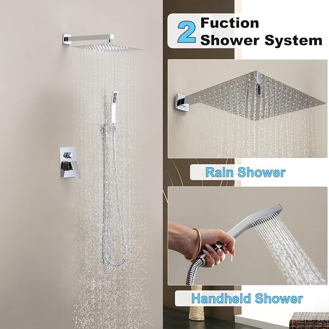 Polished Chrome Shower System with 12-Inch Rain Showerhead and Handheld | Innovative air-injection technology for low pressure, high-flow rate up to 3.22 GPM ensuring powerful consistent stream