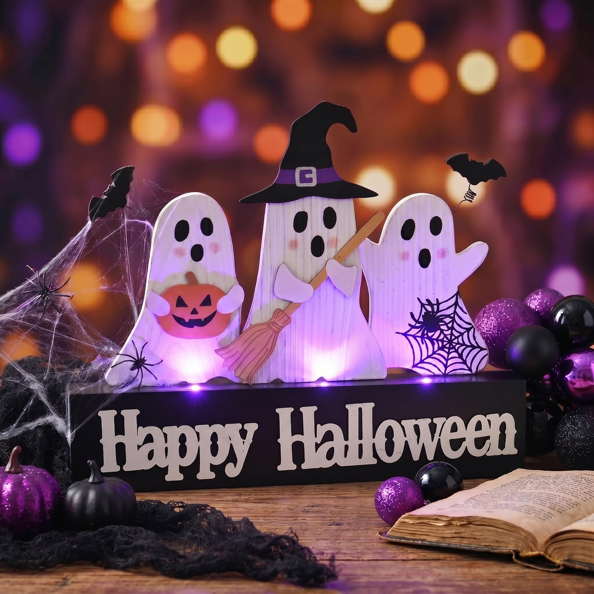Valery Madelyn Halloween Decorations with Purple LED Lights, Lighted Halloween Ghost Decor, Tabletop Sign with Witch Hat Broom Bats Jack O Lantern for Home Party Indoor, 8 Inch