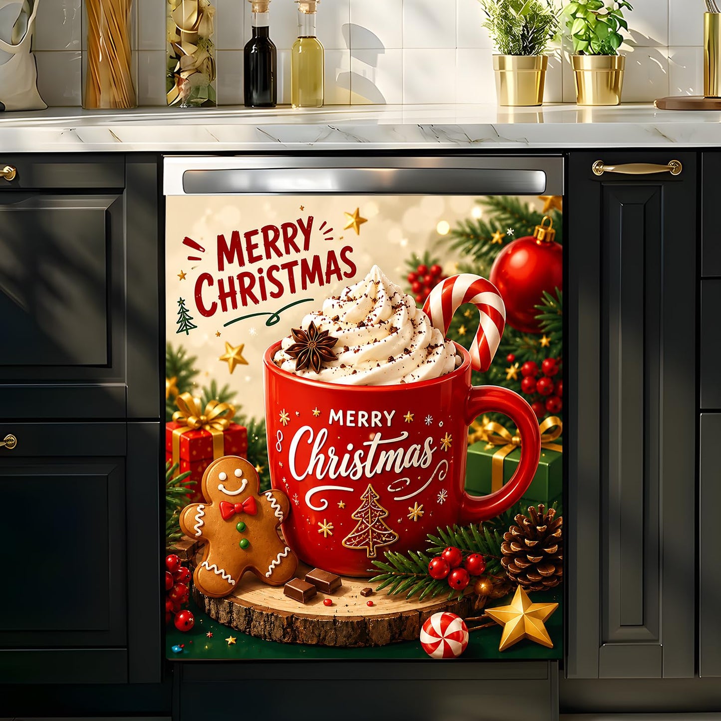 Dishwasher Magnet Cover Coffee, Christmas Magnetic Dishwasher Cover for The Front Panel, Refrigerator Magnets Decorative Cover Home Kitchen Decor 23x26 Inch