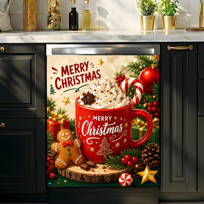 Dishwasher Magnet Cover Coffee, Christmas Magnetic Dishwasher Cover for The Front Panel, Refrigerator Magnets Decorative Cover Home Kitchen Decor 23x26 Inch