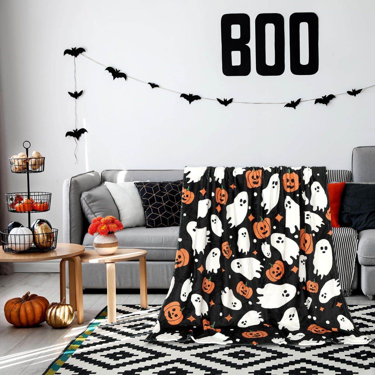JarThenaAMCS Halloween Fuzzy Flannel Blanket Boo Ghost Pumpkin Throw Blanket Black Soft Blankets for Farmhouse Home Sofa Chair Bed Couch, 60 x 70 Inch