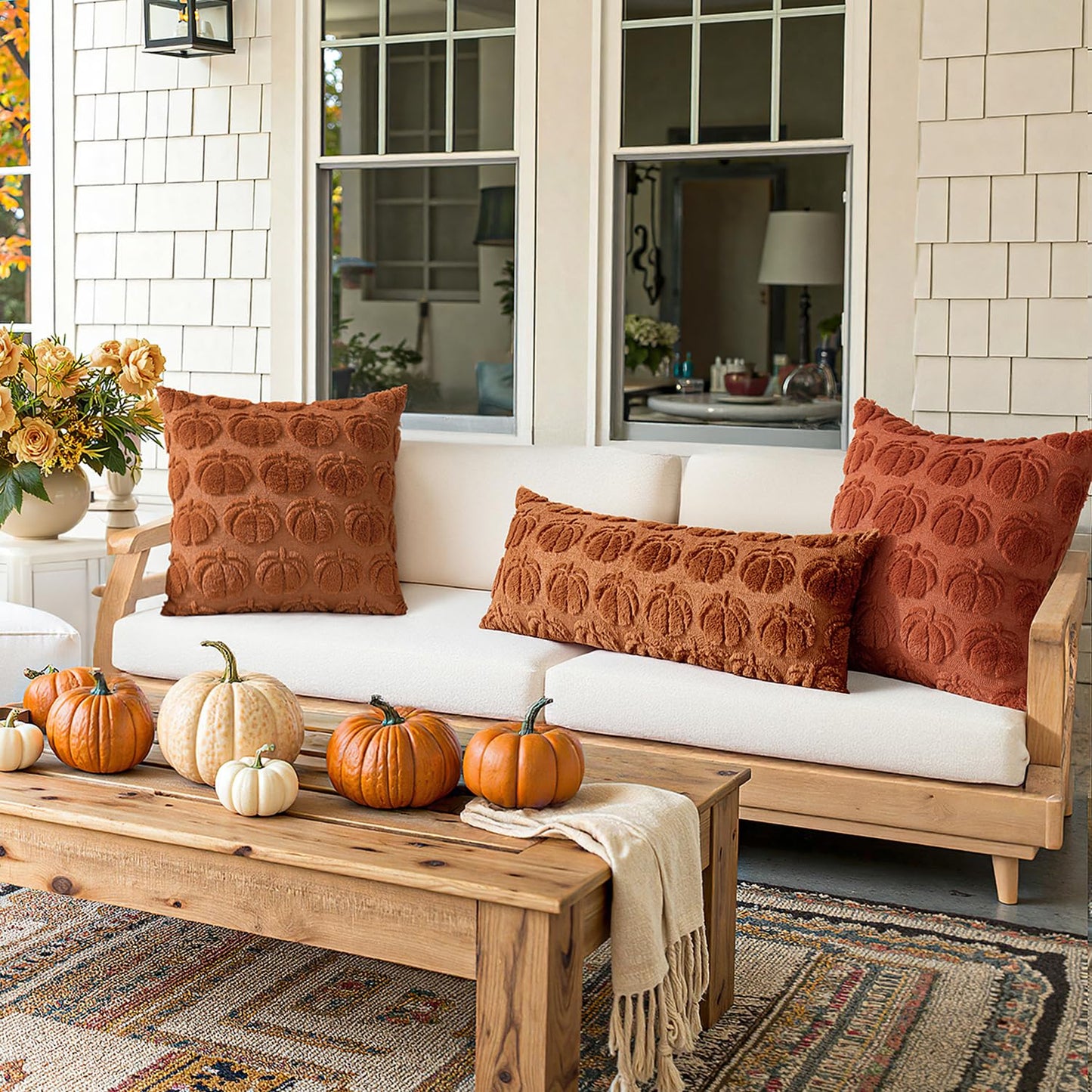 MIULEE Fall Throw Pillow Covers 18x18 Set of 2 Autumn Decorations Dark Rust Pumpkin Accent Pillowcase for Outdoor Porch Sofa Couch Bed Living Room Plush Faux Fur Halloween Farmhouse Home Decor