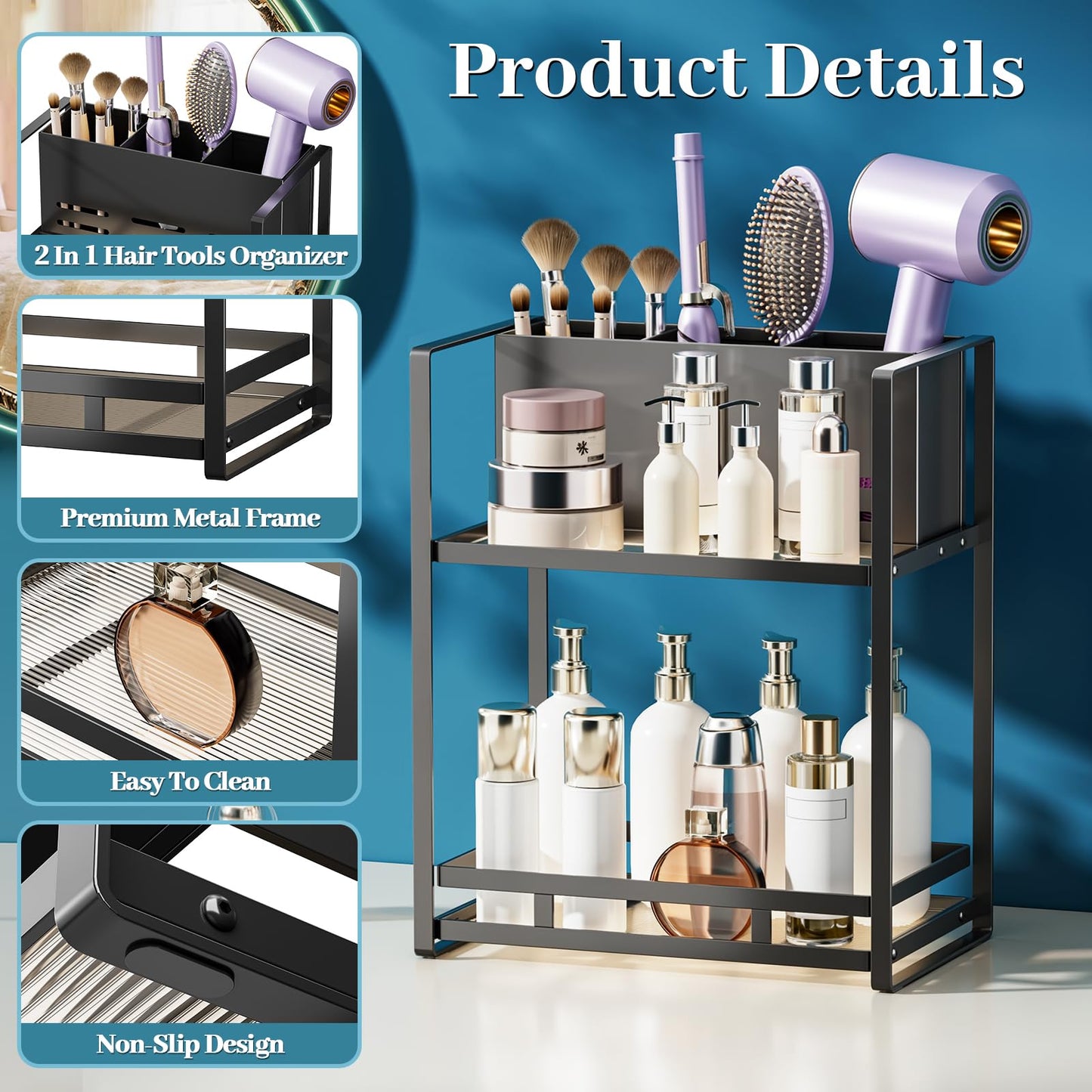 SanDream Hair Tool Organizer Bathroom Countertop, 2-Tier Metal Bathroom Organizer with Blow Dryer Holder, Large Capacity Space-Saving Vanity Shelf for Perfume, Skincare & Makeup Storage (Black)
