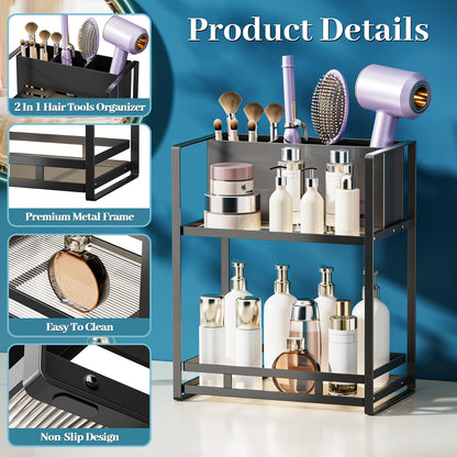SanDream Hair Tool Organizer Bathroom Countertop, 2-Tier Metal Bathroom Organizer with Blow Dryer Holder, Large Capacity Space-Saving Vanity Shelf for Perfume, Skincare & Makeup Storage (Black)