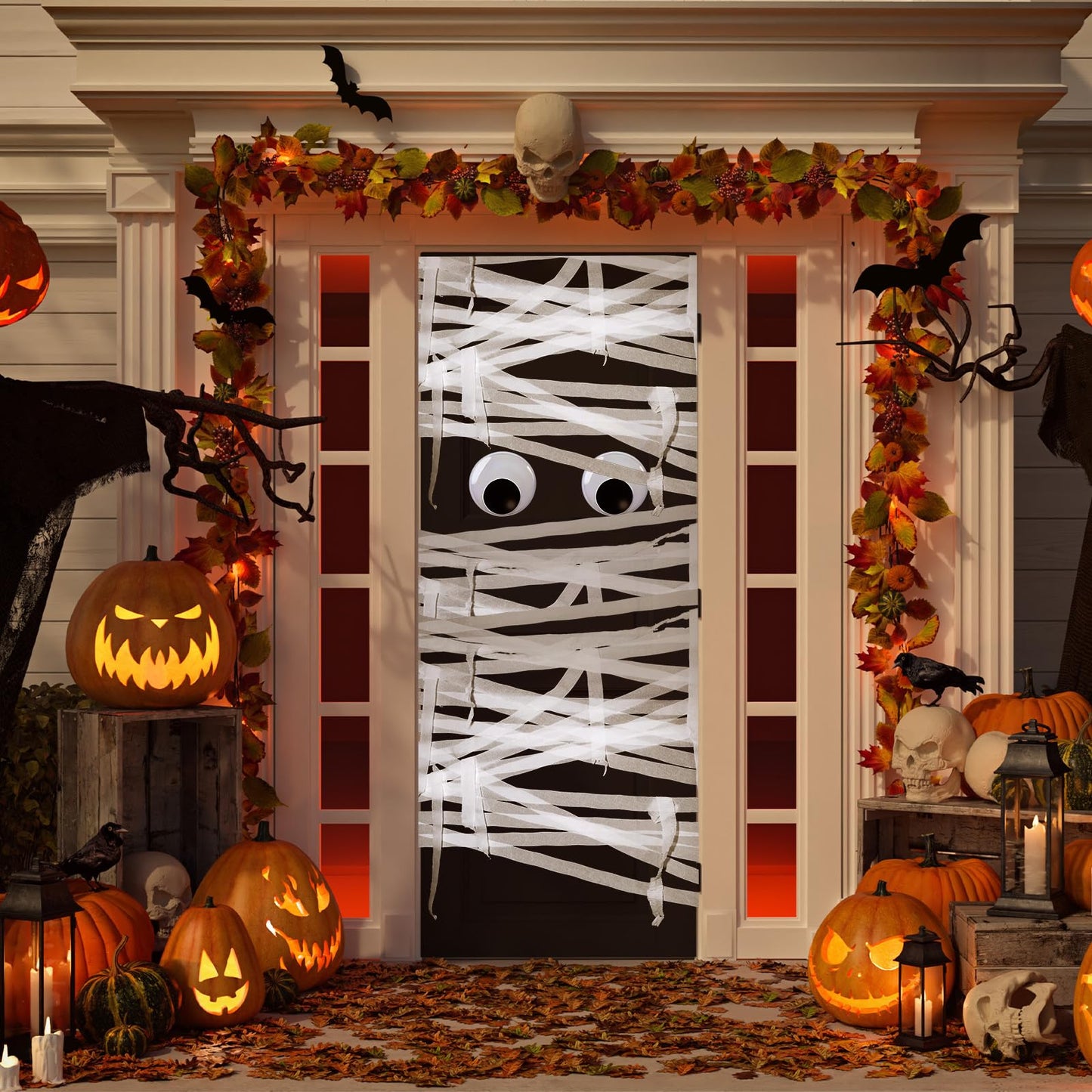WinnerWhy Halloween Mummy Decorating Kit with Large Googly Eyes Crepe Paper Streamers and Masking Tape for Halloween Party Door DIY Decor(White,Non-luminous)