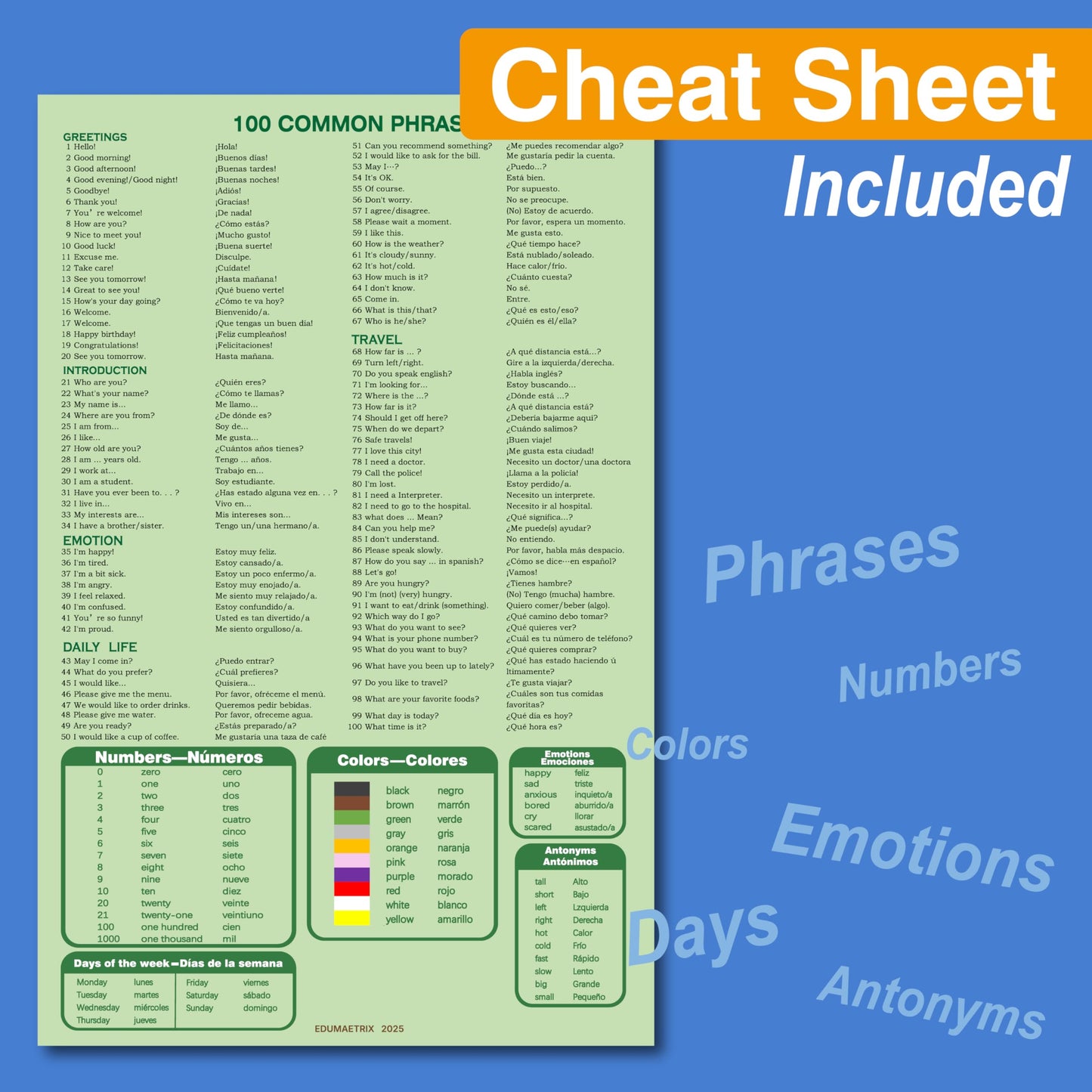 100 Spanish English Bilingual Phrases with English Prounciation Educational Flash Cards and Phrases Chart Learning Resource for Spanish Learner or Traveller Double-Sided 100 Cards (Each 4.4" X 2.8")