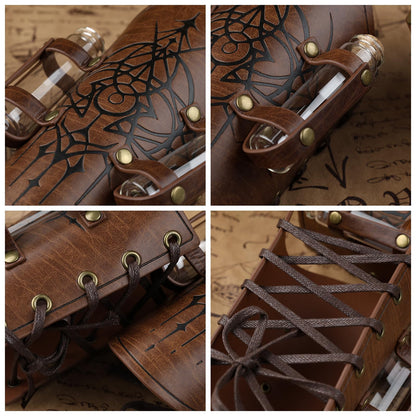HiiFeuer Women’s Medieval Embossed Alchemy Bracers with 2 Cork Vials, Fantasy Faux Leather Buckle Arm Guards Archer Gauntlets (Brown B)