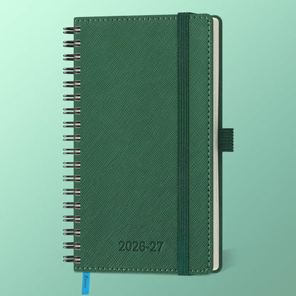 IN-LUXPRO Planner 2026-2027 Daily Weekly and Monthly,6.5"x3.75",18 Months Spiral Bound Calendar Agenda with Self-adhesive Pen Holder,2026 Academic Plan with Vegan Leather Soft Cover,Green
