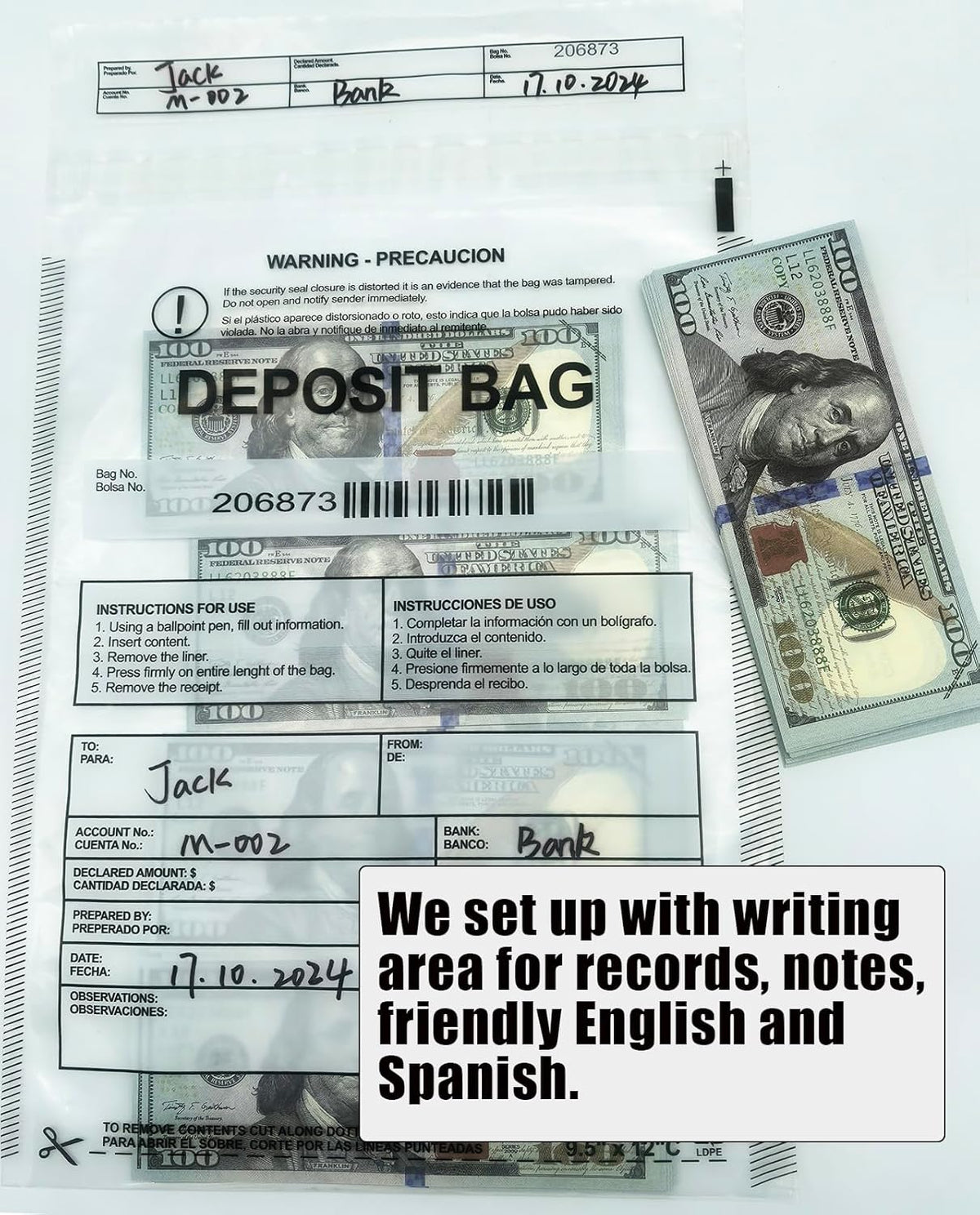 Plastic Deposit Bags 100 Pack Clear 9''x 12'', Security Bank Deposits Bags,Cash register bag,Money bag for Cash,Bank Pocket,Tamper-Evident Bag,Unique Barcode