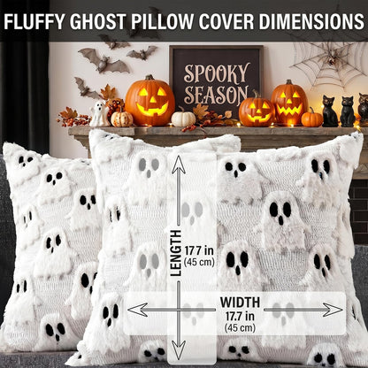 zmzdp 2PCS Halloween Pillow Covers, 18x18 inch White Ghost Throw Pillow Covers, Faux Fur Soft Couch Cushion Case, Fluffy Plush Accent Throw Pillow Case for Halloween Home Decor Indoor