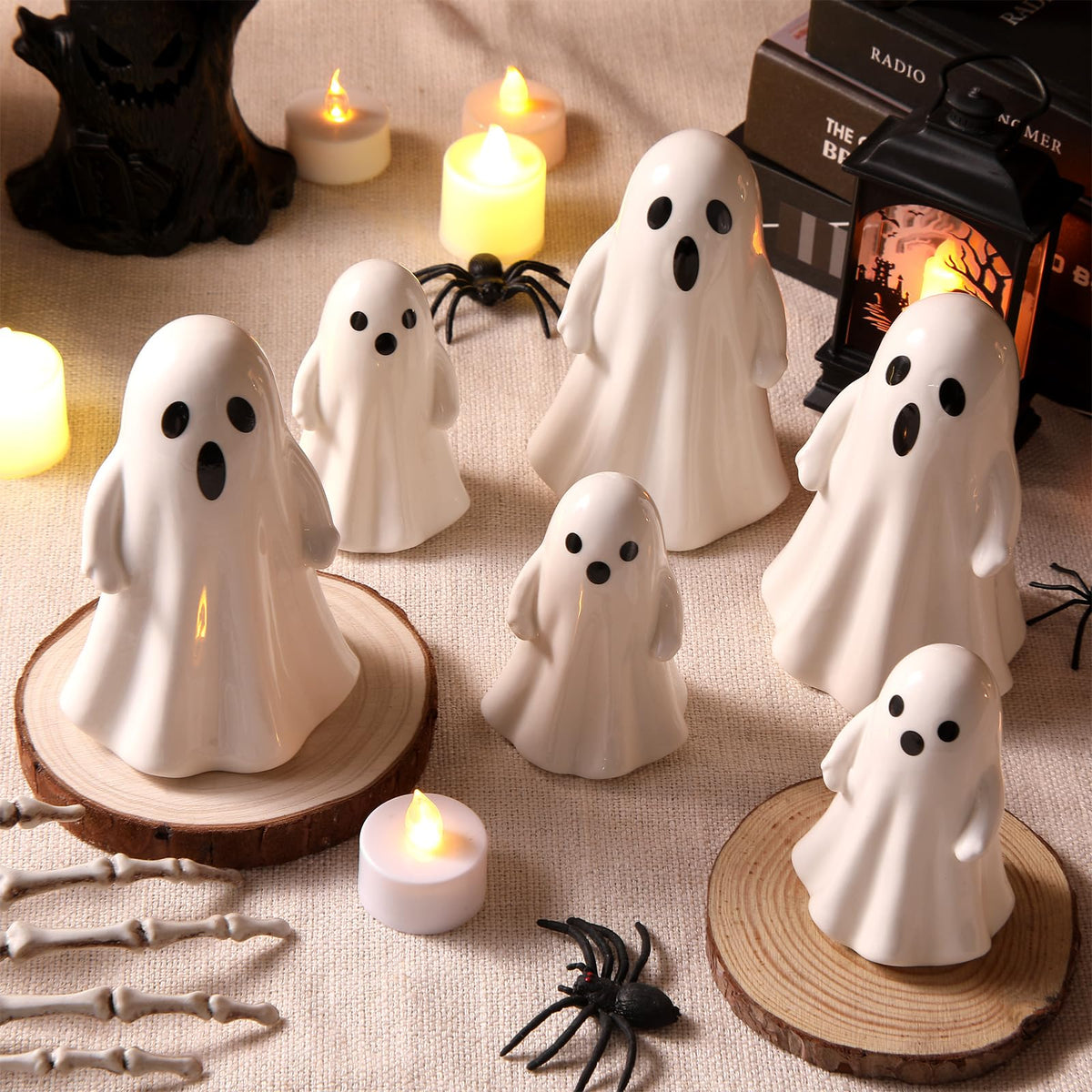Leinuosen 6 Pcs Halloween Ghost Figurines 3 Large (5.12") & 3 Small (3.54") White Ceramic Ghost Decor Cute Ceramic Halloween Ornaments for Tabletop, Mantel, Tiered Tray & Shelf Decor