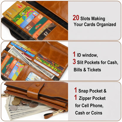 YALUXE Women's Genuine Leather Wallet RFID Blocking with 21 Card Slots ID Window Cash Cell Phone Pocket