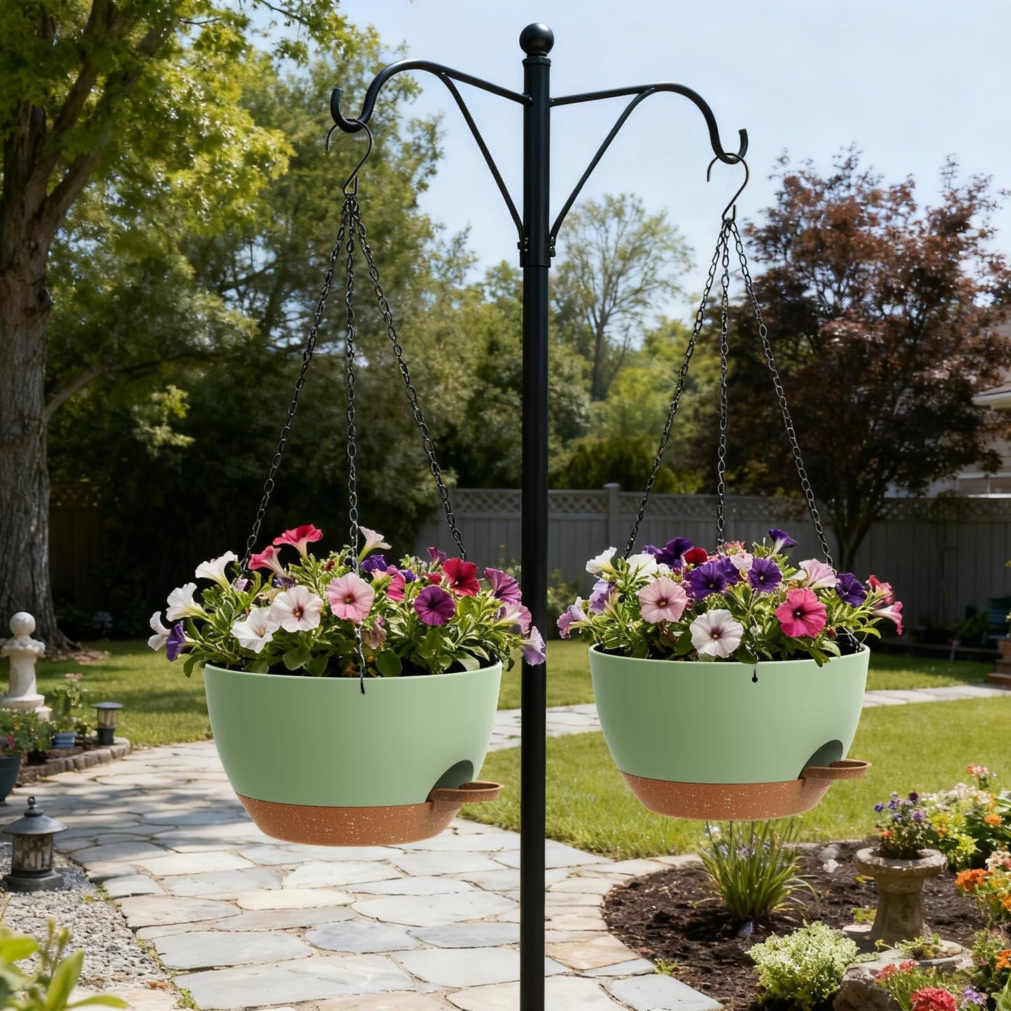 UOUZ 13 Inch 2 Pack Large Self Watering Hanging Planters for Indoor Outdoor Plants, Hanging Plant Pots with Removable 50 Oz Reservoir, Plastic Hanging Basket for Window Porch Garden, Green with Brown