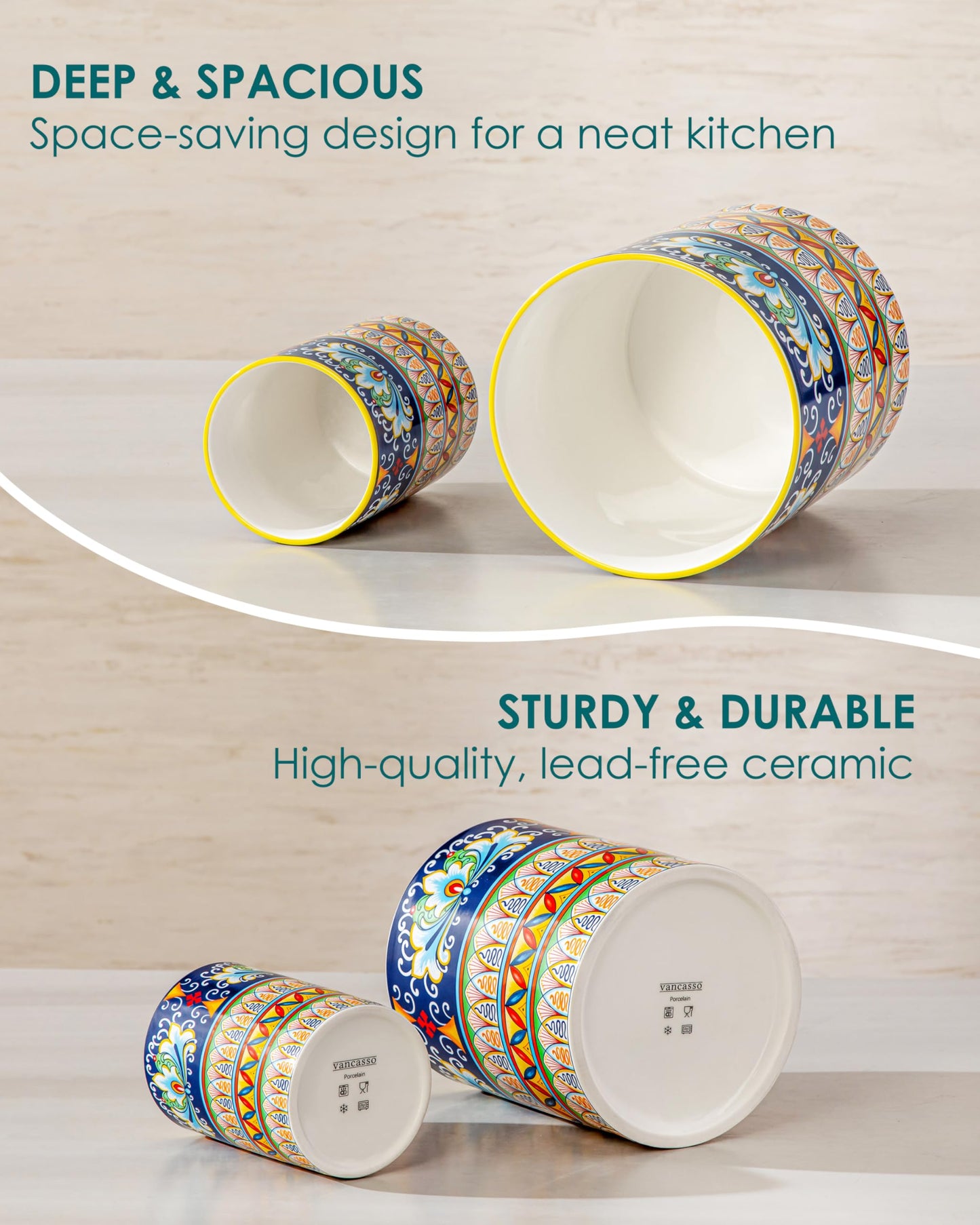 vancasso SIMI Utensil Holder, 7.3"+5.5" Porcelain Kitchen Utensil Holder for Countertop, Bohemian Kitchen Utensil Organizer for Spatulas, Spoons, Decorative Counter Utensil Crock, Celestial Harmony