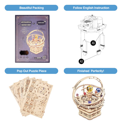 ROBOTIME 3D Puzzles for Adults Model Kits for Adults Hobbies for Men/Women Rotating Starry Night Wooden Puzzle Music Box AMK51