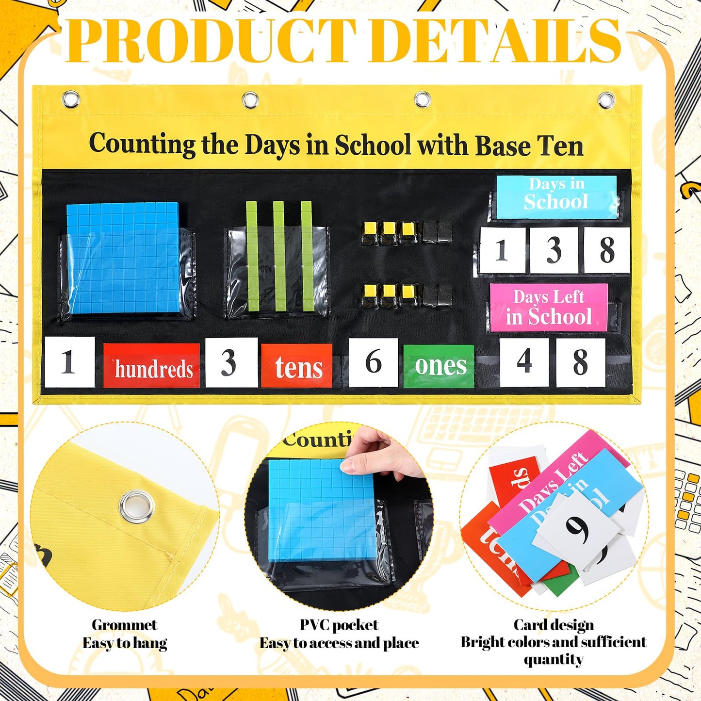 Humyoun Back to School Counting The Days Pocket Chart with Base Ten Pocket Place Value Caddie Chart for Classroom Bulletin Board Math Home Decor
