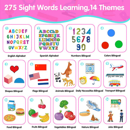 QuTZ ABC Learning Flash Cards for Toddlers 2-4 Bilingual Spanish English, Autism Toys, Speech Therapy Toys, Educational Talking 275 Sight Words Cards for Boys and Girls,