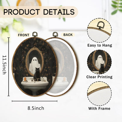 OINDADE Halloween Ghost Bathroom Oval Wall Art Decor, Fall Spooky Ghost Wall Art Hanging Decor, Halloween Fall Season Gothic Black Cat Framed Canvas Artwork for Bathroom Washroom Toilet, 8.8x11.5in