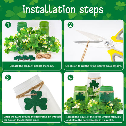 St. Patrick’s Day Mason Jar Decor Set of 3 – Green Farmhouse Table Centerpiece with Shamrock Wreath & Wooden Clover Accents, Irish Spring Home Decorations
