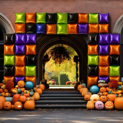 Charnoel 50 Pcs Halloween Balloon Garland Arch Kit Black Orange Green Purple Double Sided Square Foil Balloons Wall Backdrop 19 Inches Tunnel Kit for Halloween Party Background Classroom Decorations