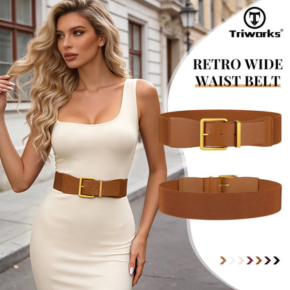 TRIWORKS Women Wide Elastic Belt for Dresses Vintage Stretchy Waist Belt with Gold Chunky Buckle,Brown