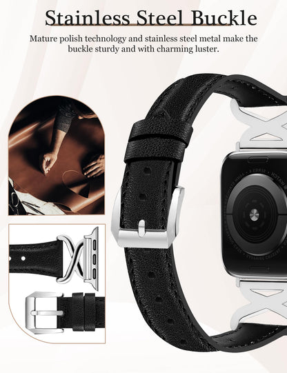 JR.DM Leather Bands Women Compatible with Apple Watch 40mm 38mm 44mm 45mm 41mm 42mm 46mm 49mm Dressy Slim Fancy Strap with X-Shaped Metal Crown for iWatch Series Ultra/SE/11/10/9/8/7/6/5/4/3/2/1 Black