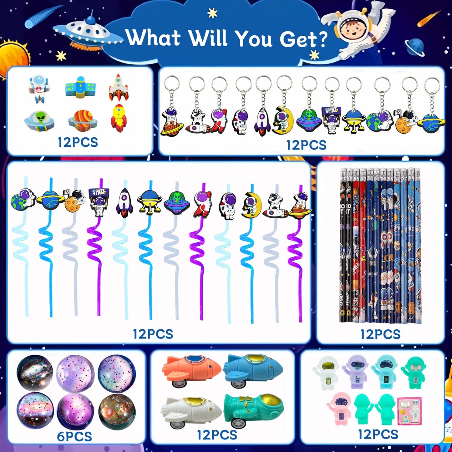 QZYCMHOO 152PCS Space Party Favors Set, Outer Space Birthday Decorations Including Slap Bracelets, Keychains, Gift Bags, DIY Stickers, Drinking Straws, Alien Birthday Supplies