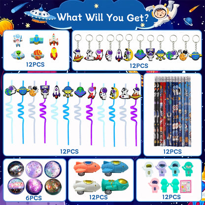 QZYCMHOO 152PCS Space Party Favors Set, Outer Space Birthday Decorations Including Slap Bracelets, Keychains, Gift Bags, DIY Stickers, Drinking Straws, Alien Birthday Supplies