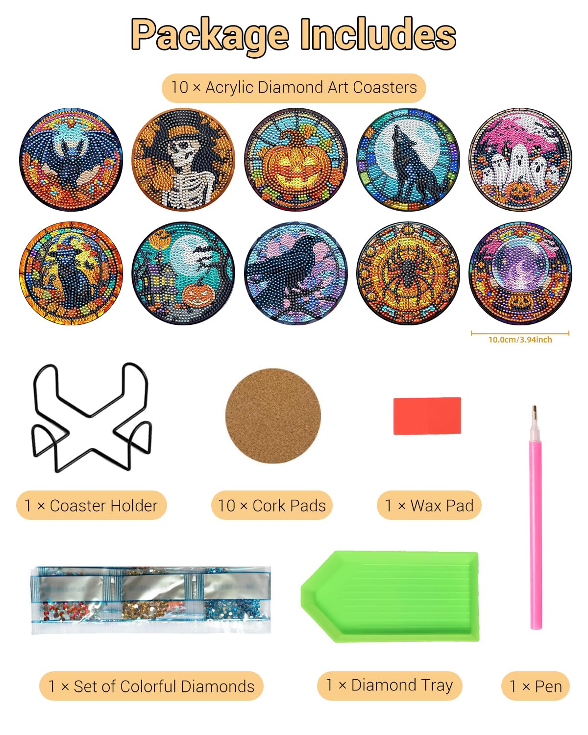 BOCACUE Halloween Diamond Art Coasters Kit for Adults, 10 PCS Diamond Painting Coasters with Holder, Cute Gem Painting Coasters for Desk, DIY Diamond Art Crafts, Halloween Decor Gifts for Men & Women