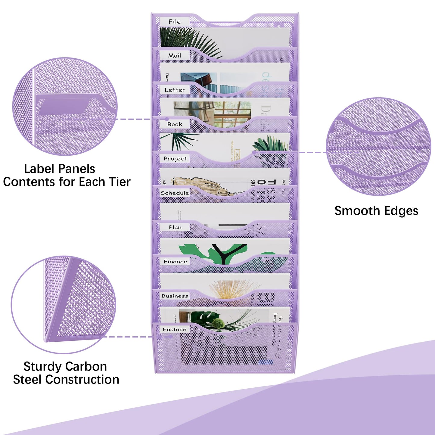EasyPAG 10 Pocket Mesh Wall File Organizer, Hanging Paper Folder Holder with Classify Label, Vertical Wall Mount Mail Organizer for Office Home Classroom, Purple