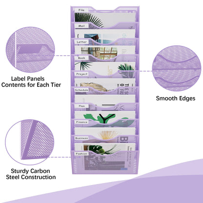 EasyPAG 10 Pocket Mesh Wall File Organizer, Hanging Paper Folder Holder with Classify Label, Vertical Wall Mount Mail Organizer for Office Home Classroom, Purple
