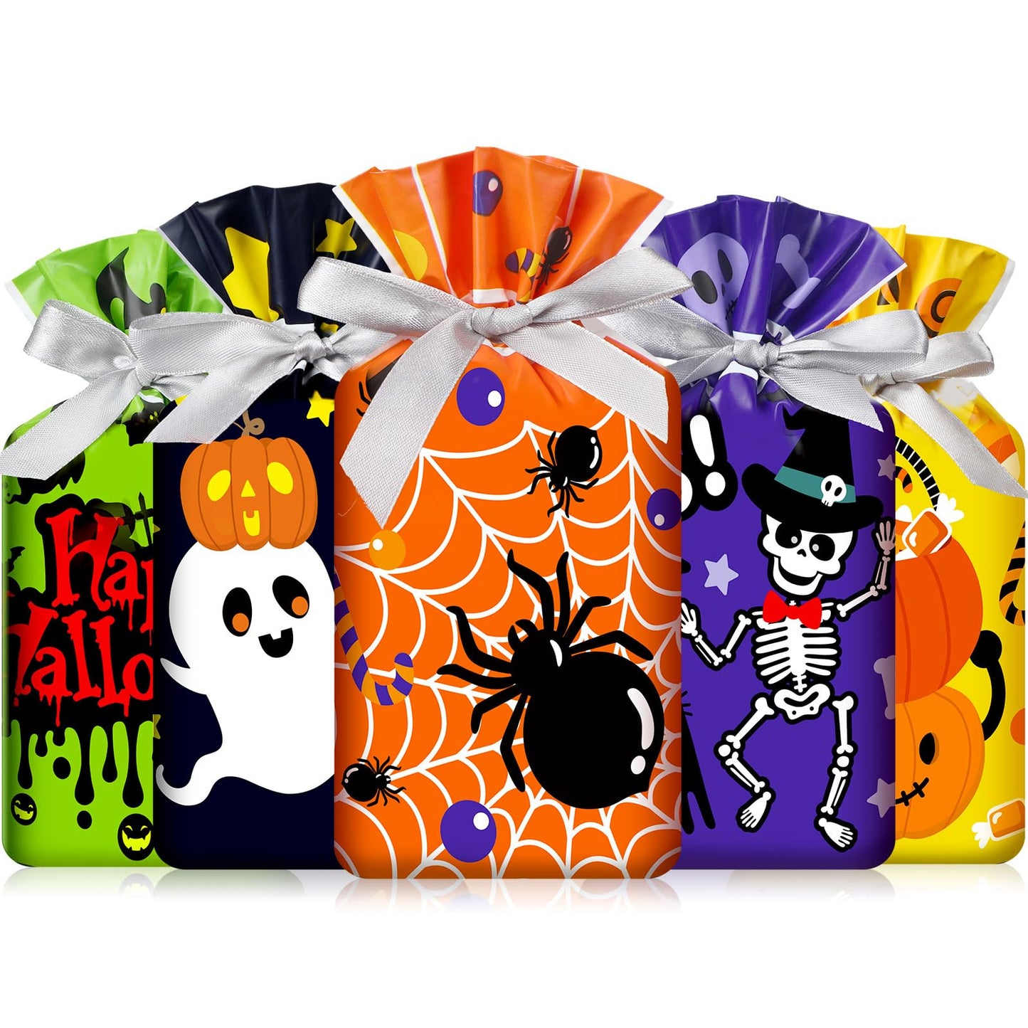 Aliceset 50 Pcs Small Halloween Drawstring Treat Goodie Bags - Plastic Spider Ghost Skeleton Gift Bags for Halloween Birthday Party Favors
