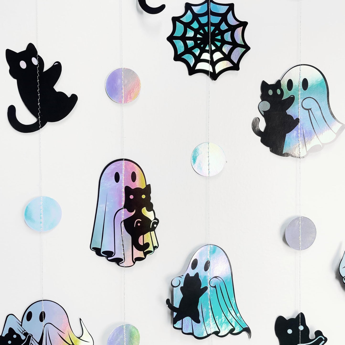 Iridescent Black Halloween Decorations Holographic Ghost Black Cat Spider Web Polka Dot Paper Hanging Garland Streamer Banner for Halloween Birthday Baby Shower Bachelorette Wedding Party Supplies