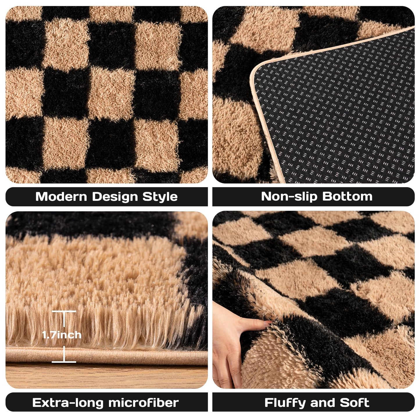 Checkered Rug 4x6 for Bedroom, Ultra Fluffy Shag Area Rugs for Living Room, Upgrade Anti-Skid High Pile Soft Rug Fuzzy Carpet for Living Room Bedroom Kids Room Nursery, Dorm Home Decor, Black & Beige