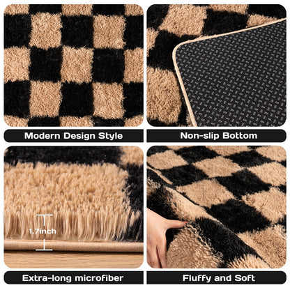 Checkered Rug 4x6 for Bedroom, Ultra Fluffy Shag Area Rugs for Living Room, Upgrade Anti-Skid High Pile Soft Rug Fuzzy Carpet for Living Room Bedroom Kids Room Nursery, Dorm Home Decor, Black & Beige