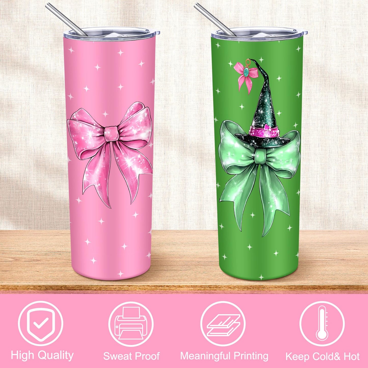 Geiserailie 2 Pack Witch Graduation Gifts for Daughter Pink and Green Stainless Tumblers 20 oz Bow Movie Steel Cups with Lids for Witch Fans Accessory for Women Friend Birthday Party Favor
