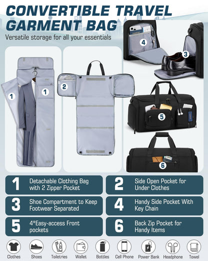 RAINSMORE Convertible Garment Bags for Travel, 45L Garment Duffle bag for Hanging Clothes, 3 in 1 Suit Travel Bag for Business Trips with Shoulder Strap, Carry On Suit Luggage for Men Women, Black