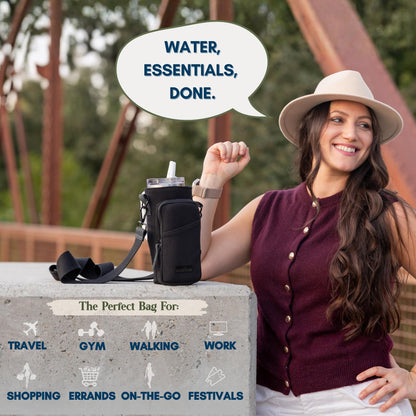 SOLLY AND RUE Water Bottle Sling Bag Crossbody Water Bottle Holder with Strap & Phone Pocket Insulated Carrier for Stanley & Hydro Flask up to 40oz Travel & Walking Companion