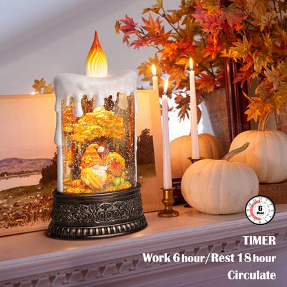 Lffital Fall Snow Globe Lantern Fall Decor Candle Shape with Gnome and Turkey, Lighted Thanksgiving Decorations with Timer Swirling Glitter for Tabletop Autumn Festival Harvest Day