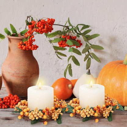 Suncalla 2 Pack Fall Candle Rings Wreath 6 with Artificial Berry Leaf Acorn Wreath for Mini Candle Rings Thanksgiving Fall Wedding Rustic Seasonal Decoration (Berry)