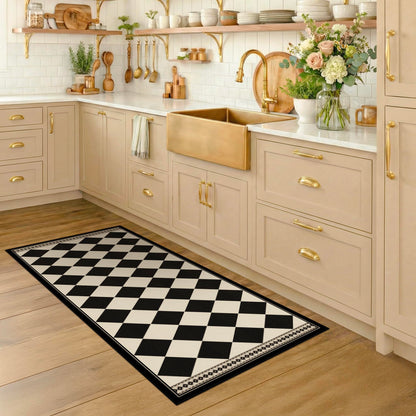 Black and White Checkered 2x5 Easy Jute Laundry Room Rug Runner, Laundry Floor Mat, Washable Non Slip Diamond Boho Carpet for Entryway, Bathroom, Kitchen, Checkerboard Modern Farmhouse Mat